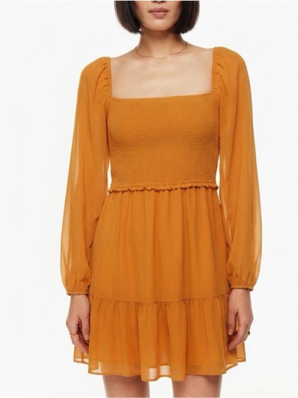 Wilfred Tempest Mini Dress Size Medium Smocked Chiffon Burnt Orange